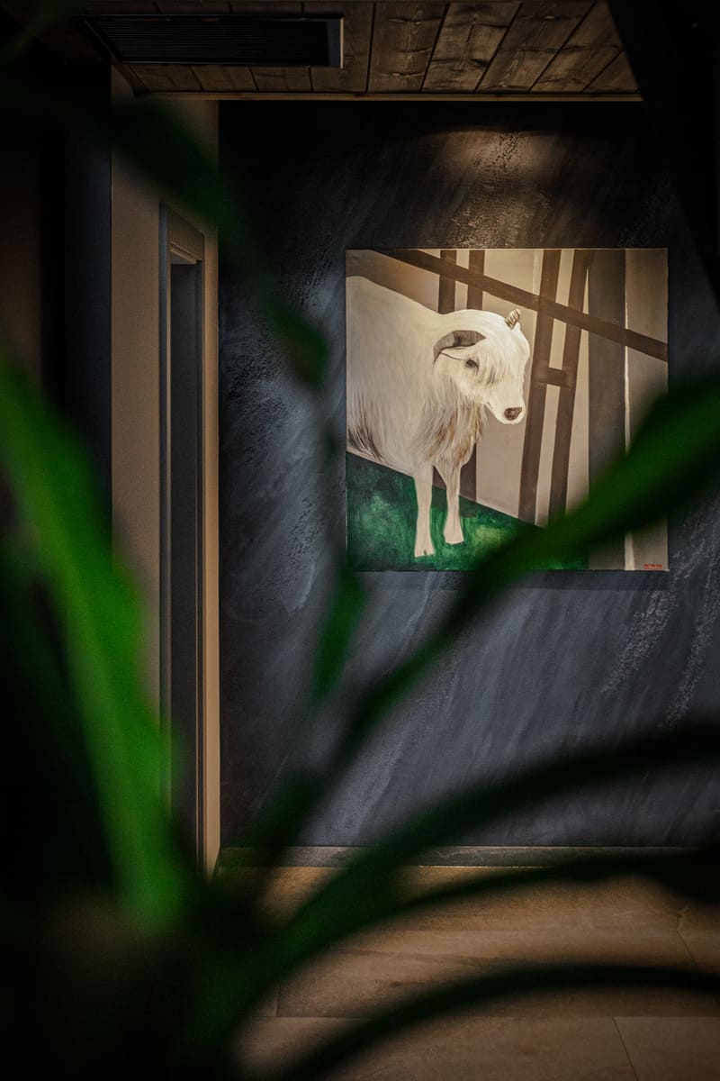 Nowoczesne wnętrze z obrazem przedstawiającym białą kozę na ścianie – Istebna noclegi.